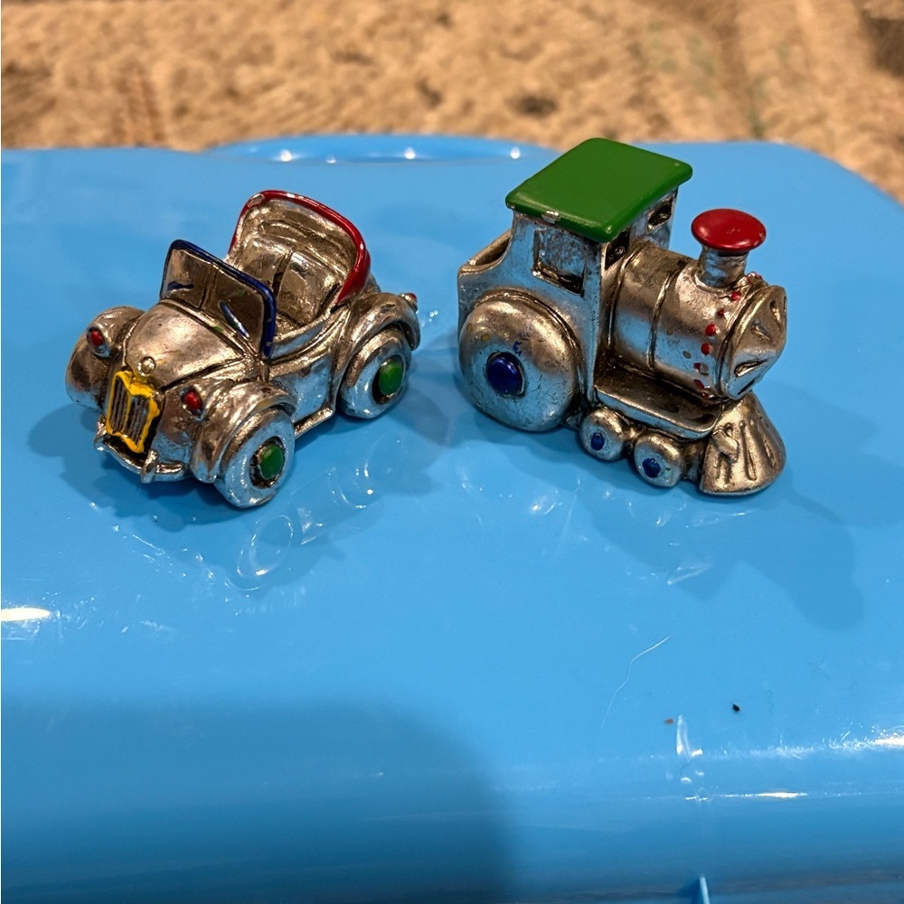 Vintage Christmas Ornaments Little 2” Convertible Car & Train Made of Metal